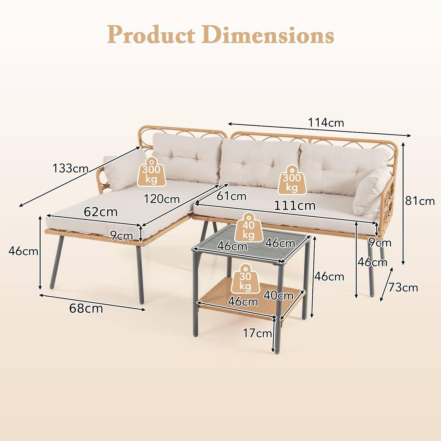 L Shaped Patio Conversation Set with Cushions & Coffee Table