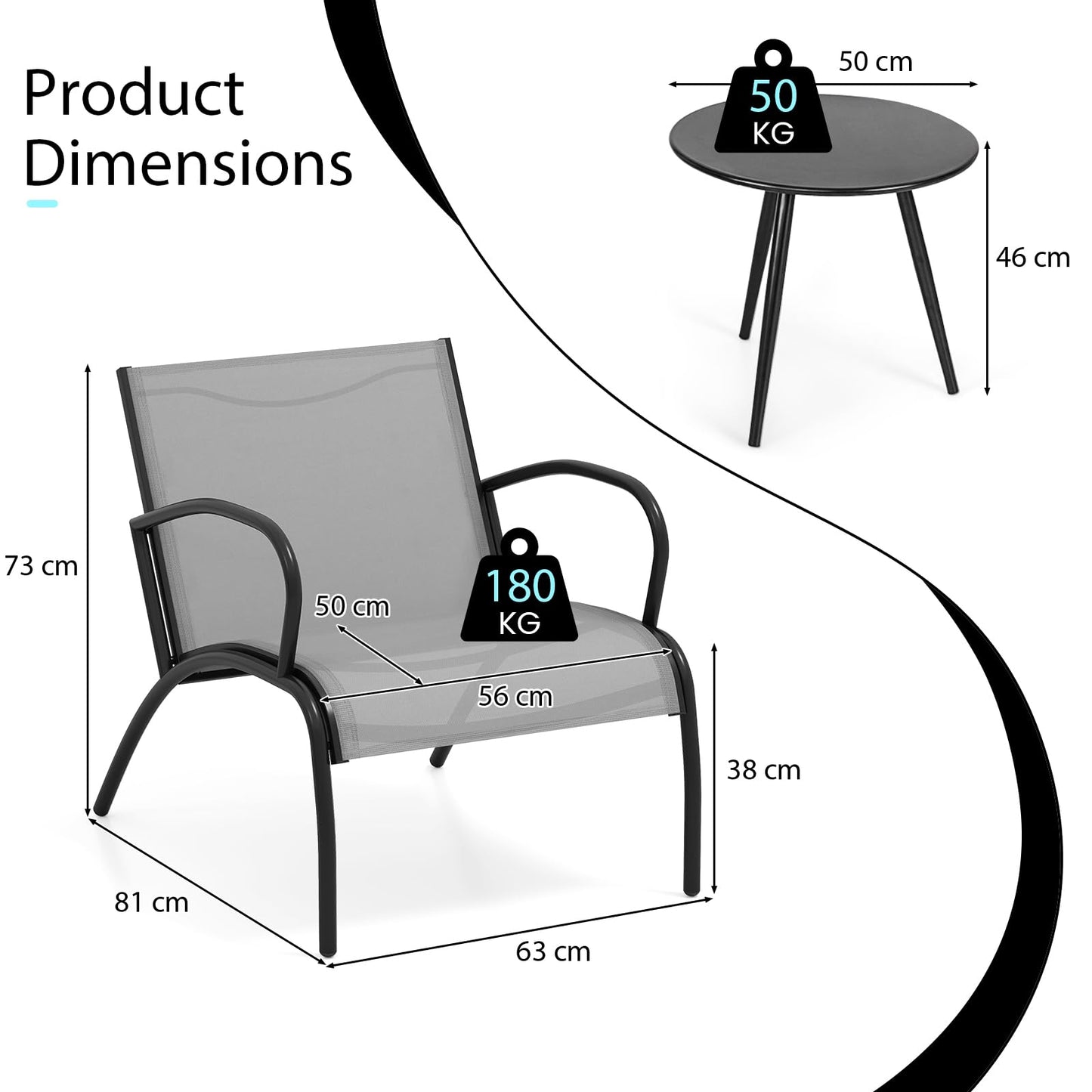 3 Piece Patio Chair Set Metal Aluminum Wide Armchair and Table Set