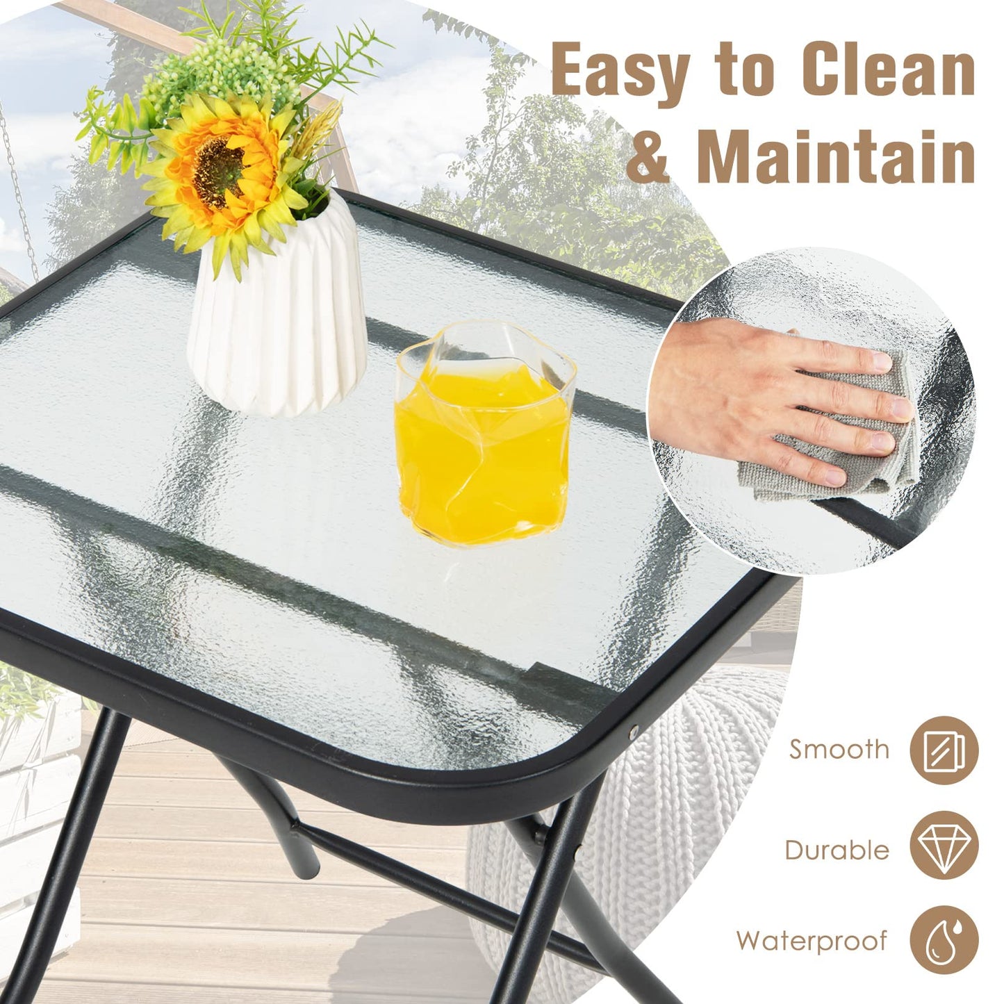 46cm Folding Garden Tempered Glass Top Square Side Table