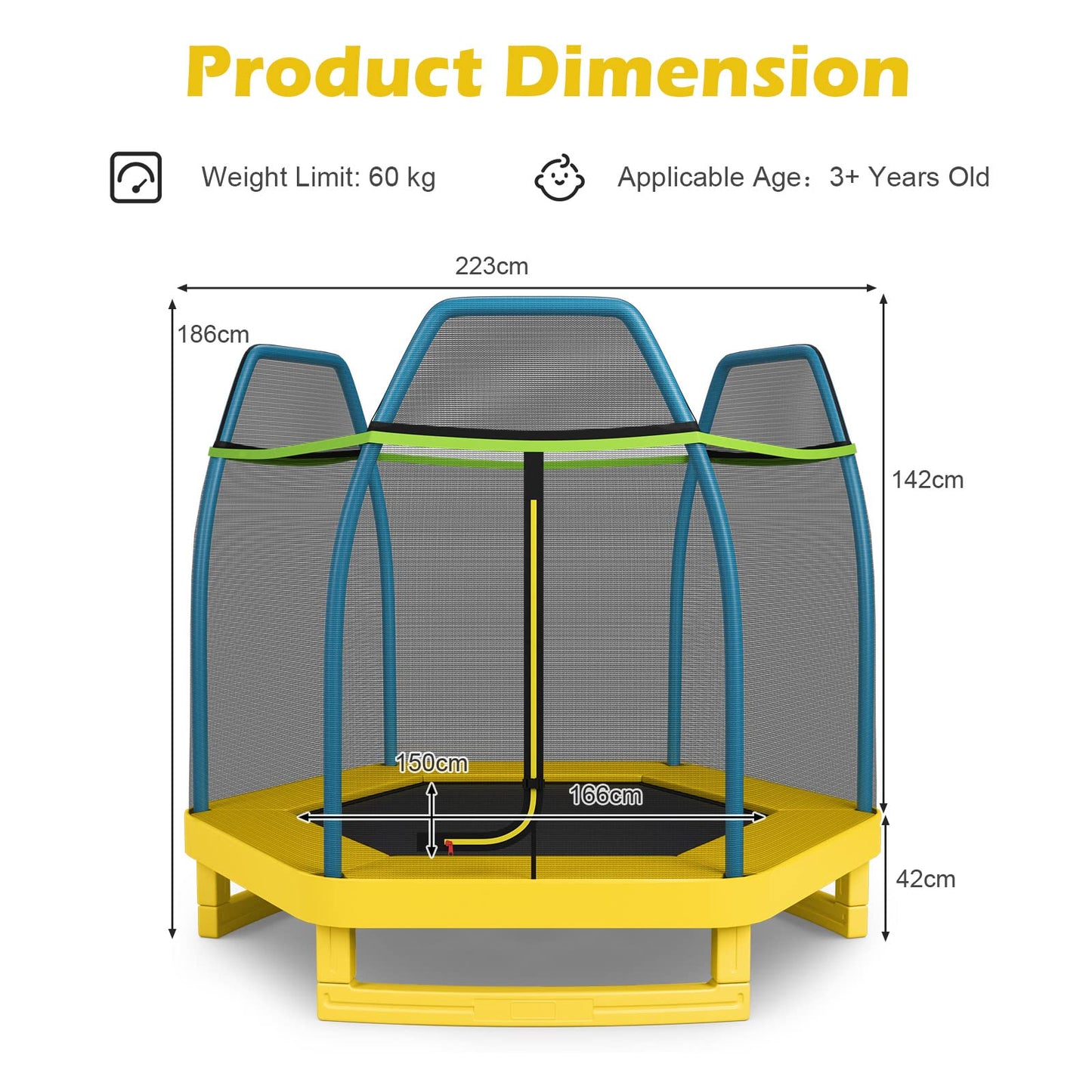 7ft Kids Trampoline Heavy Duty Hexagonal Trampolines with Safety Enclosure Net