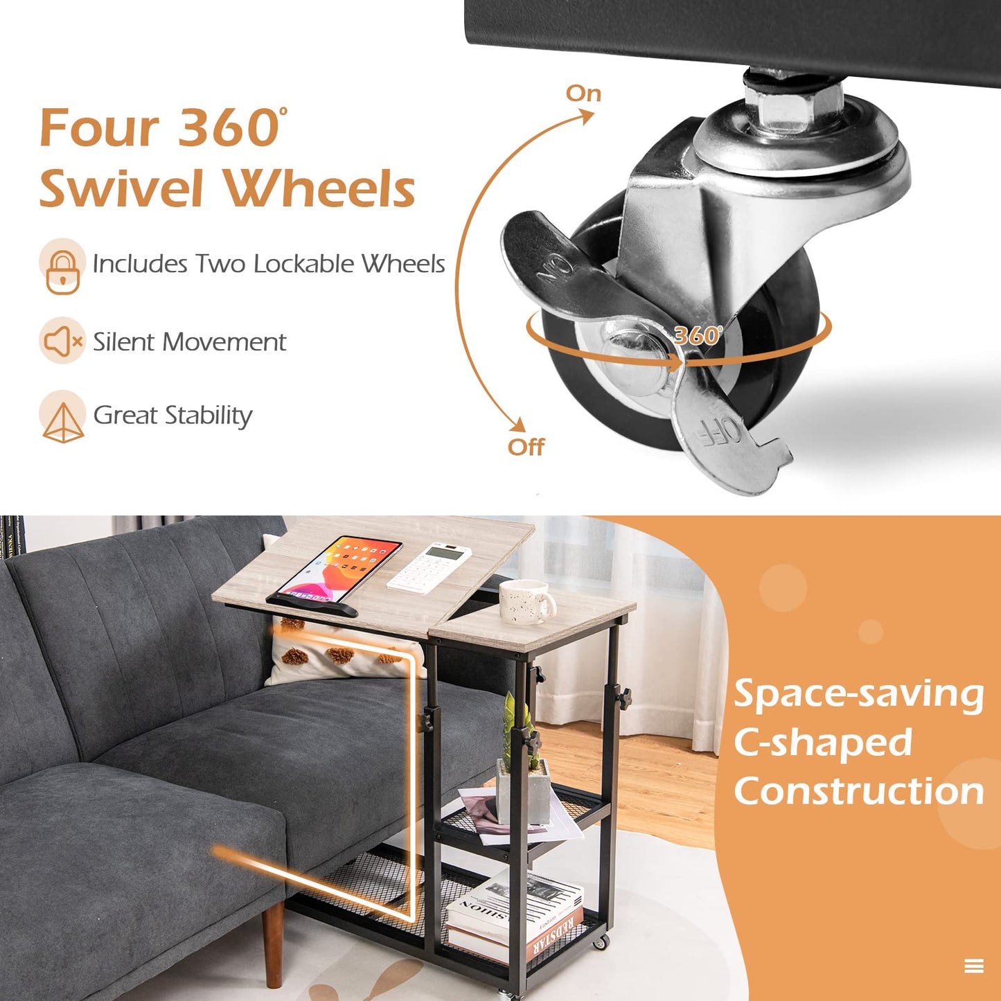 Height Adjustable Mobile Overbed Table with Wheels and Storage Shelves