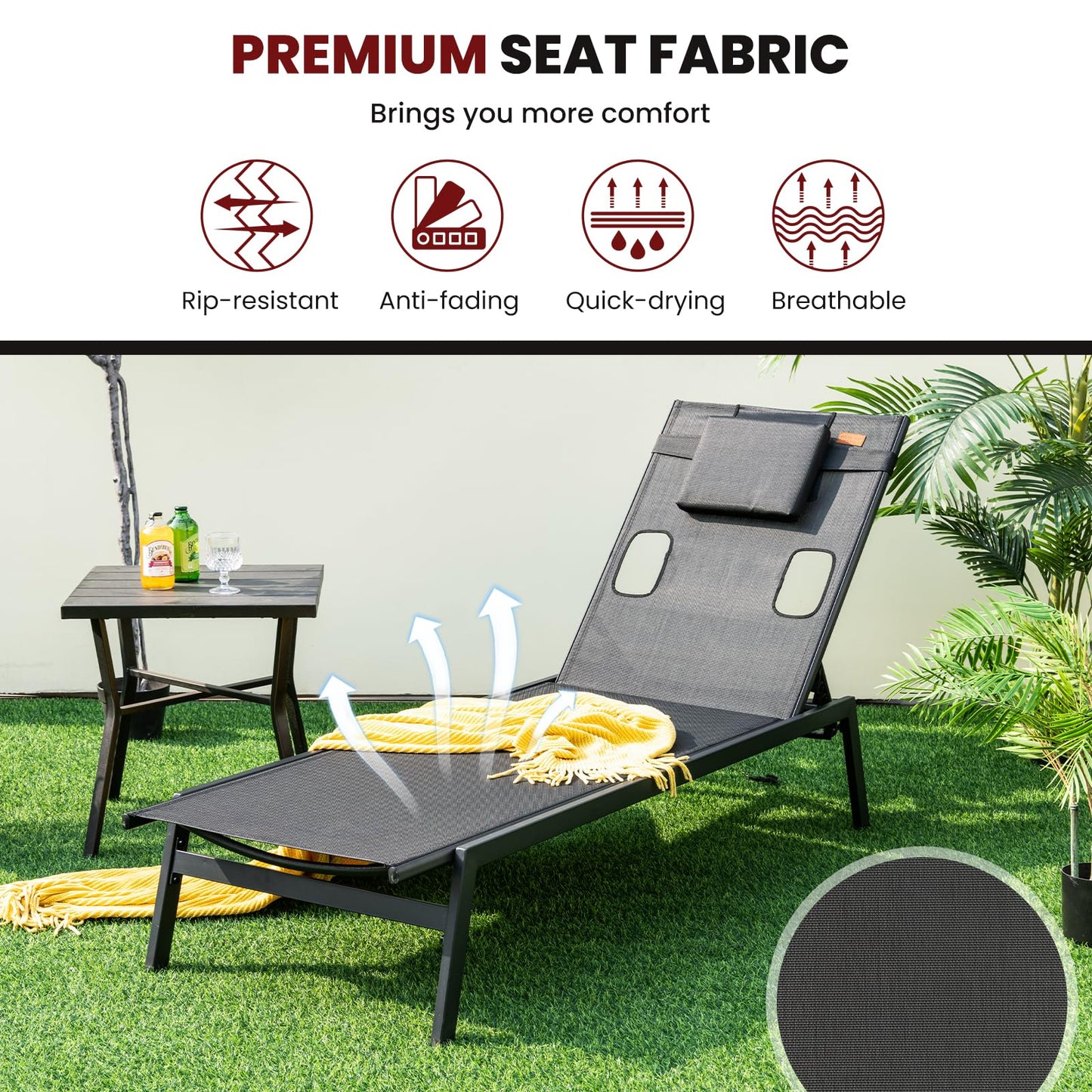5 Positions Adjustable Chaise Lounge Deck Sunbed with Detachable Head Pillows