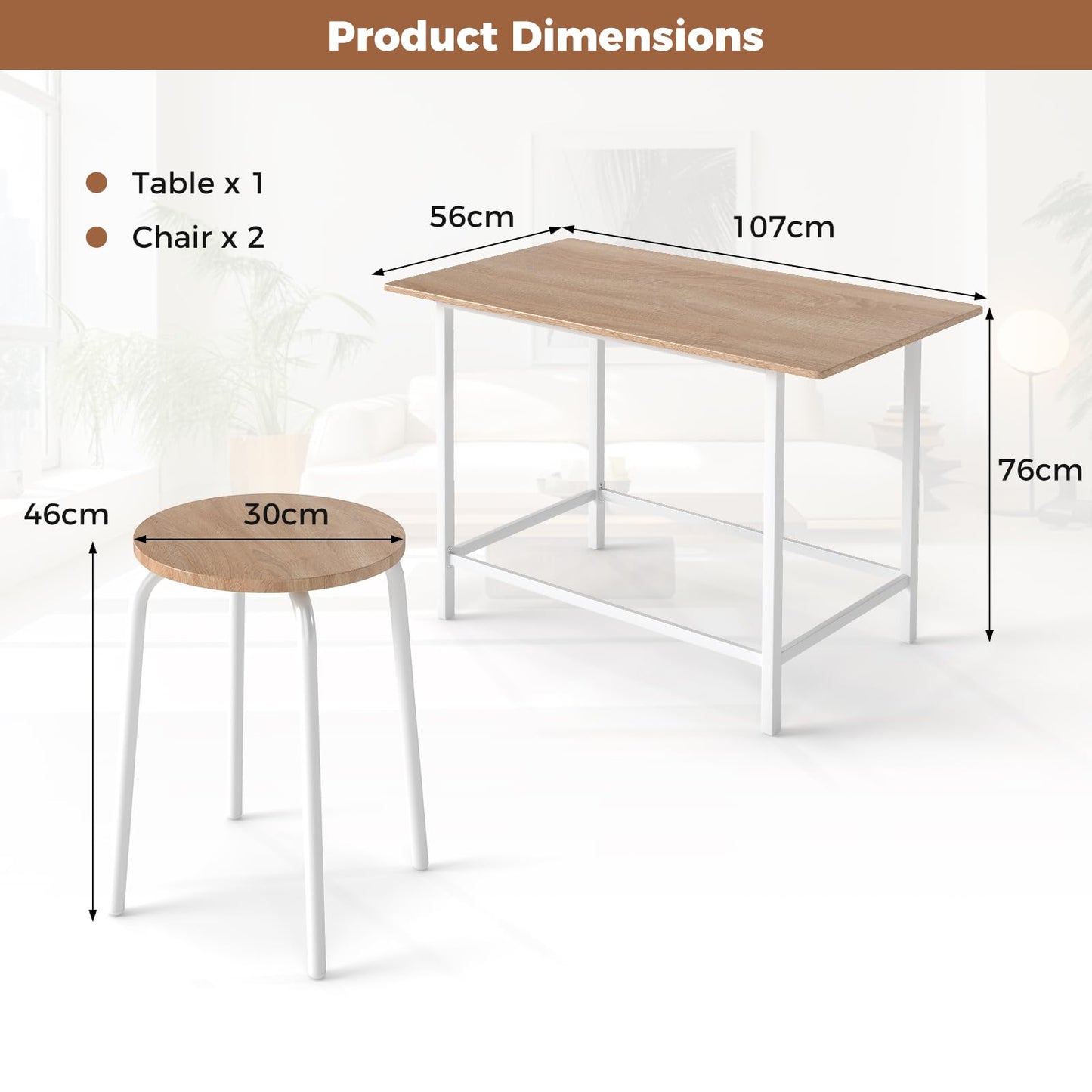 3 Piece Wooden Breakfast Kitchen Table and Stools with Metal Legs