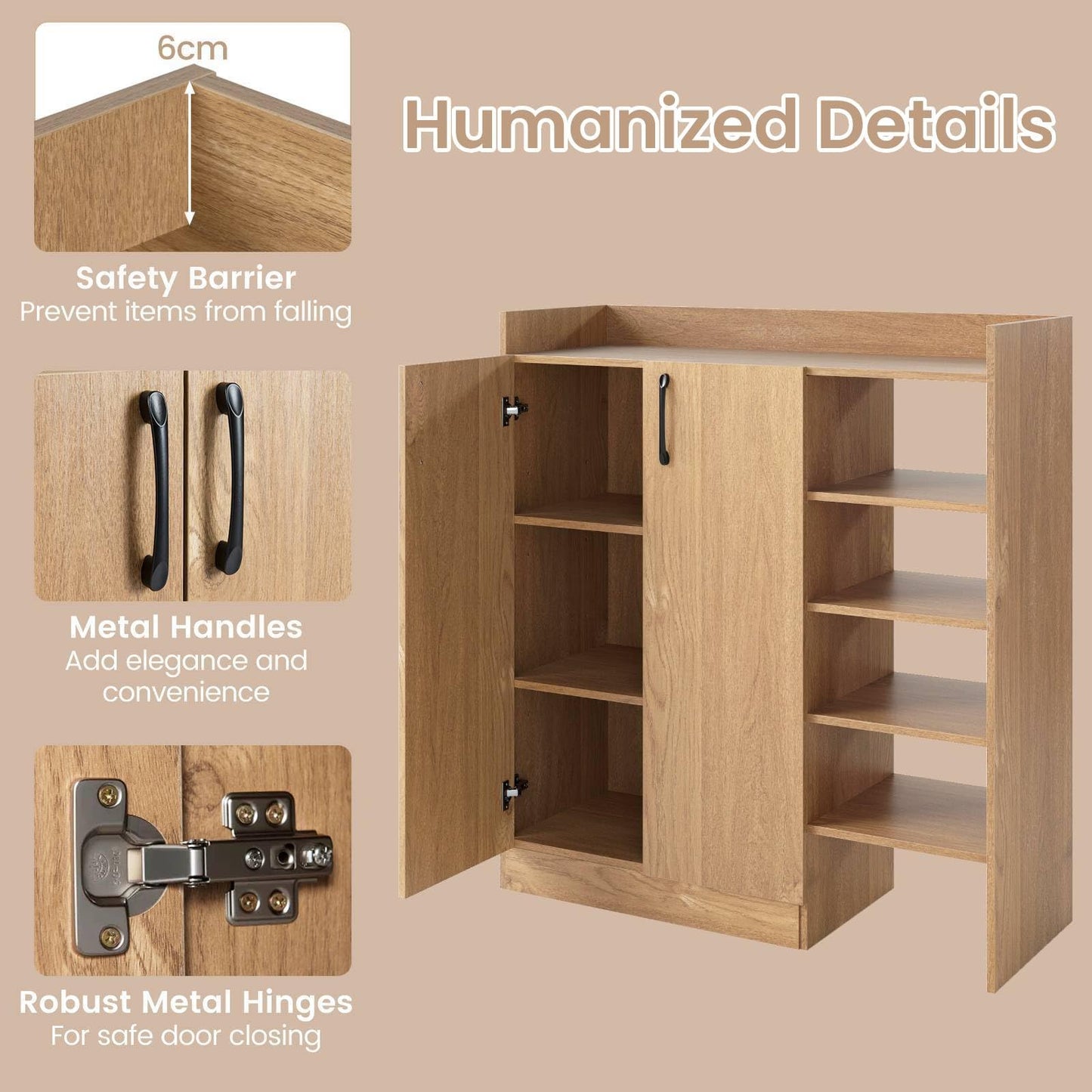 Shoe Storage Organizer with 2 Adjustable Inner Shelves and 4 Open Shelves