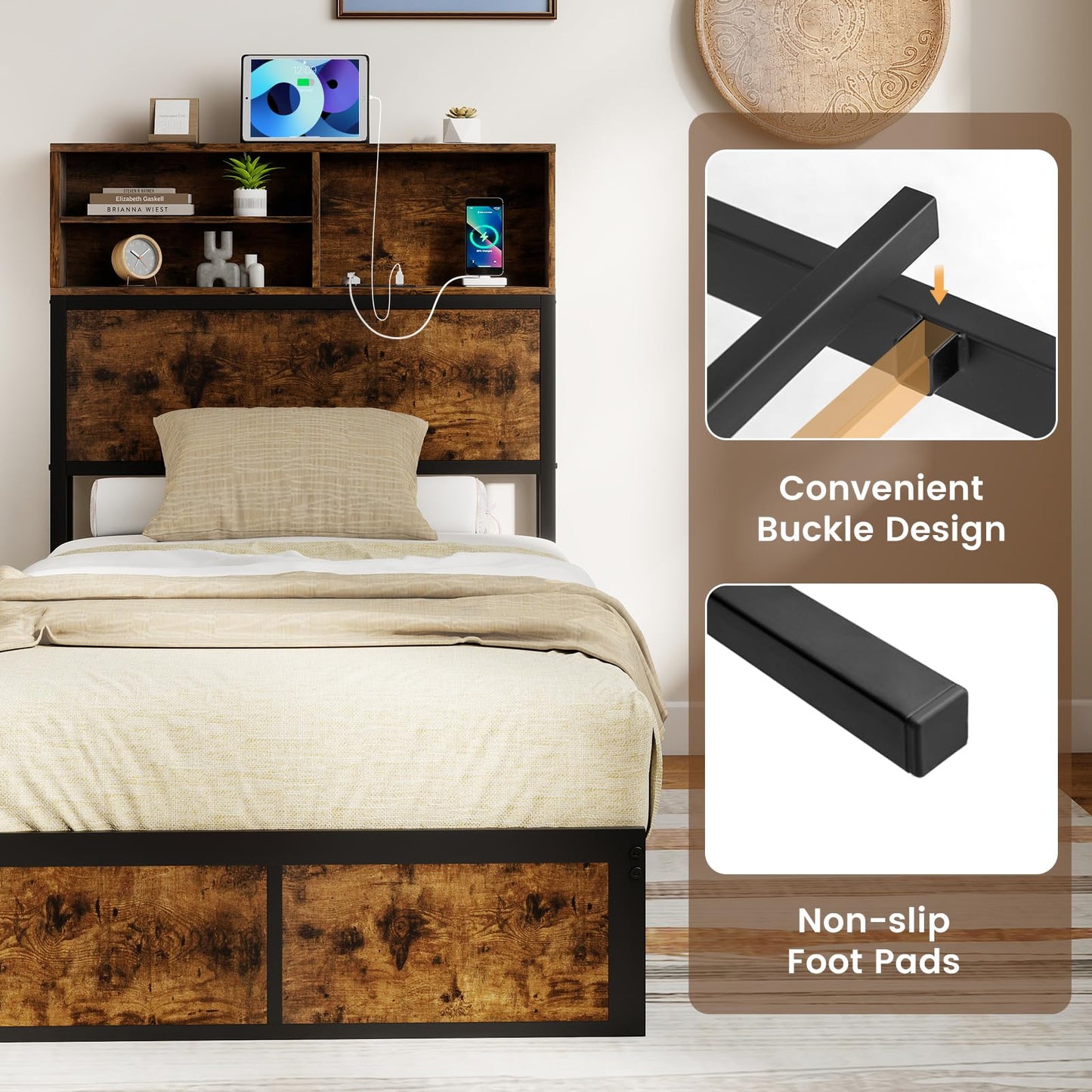 Bed Frame with Charging Station and Storage Headboard