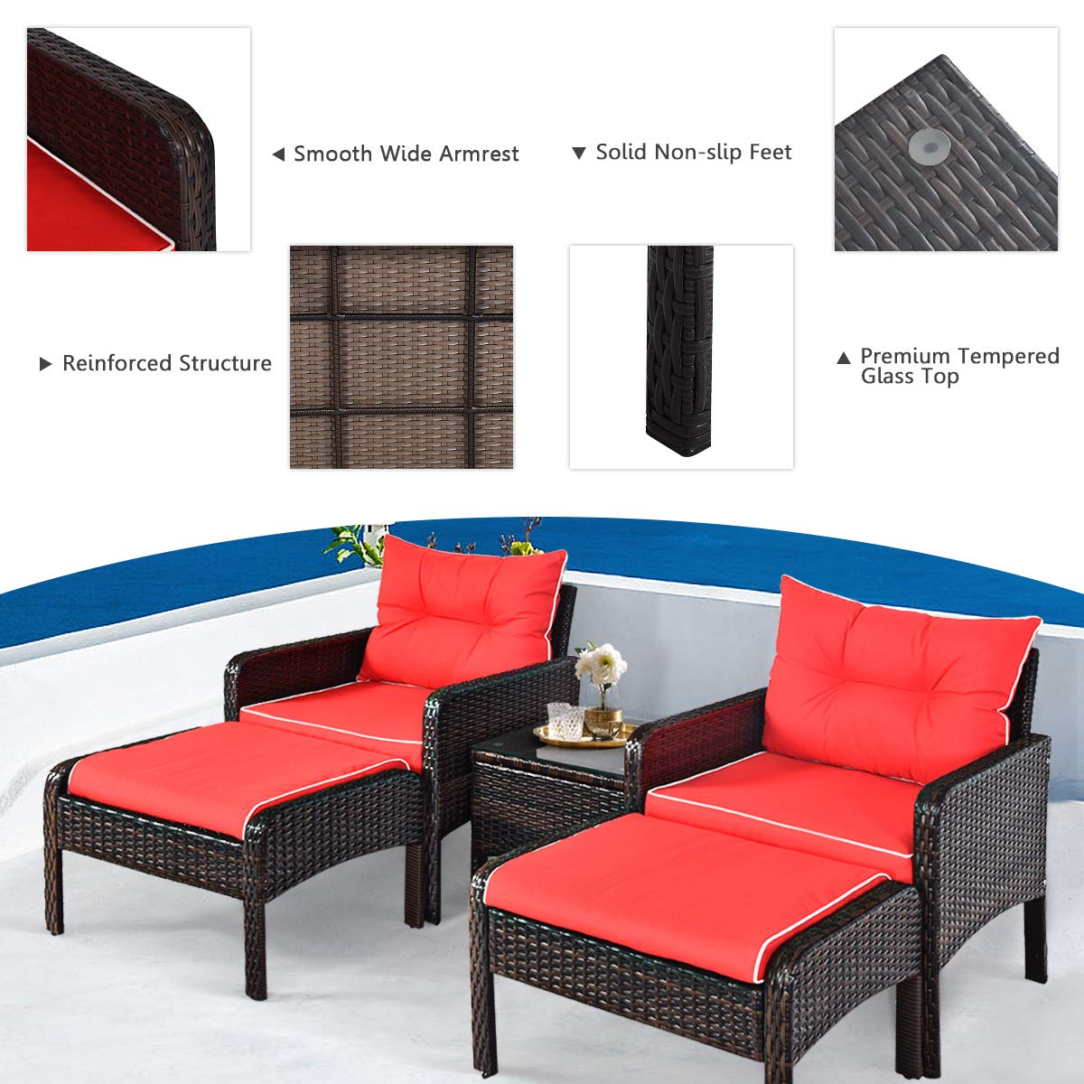 4-Seater Cushioned Sofa Chair with Glass Top Coffee Table and Footstool