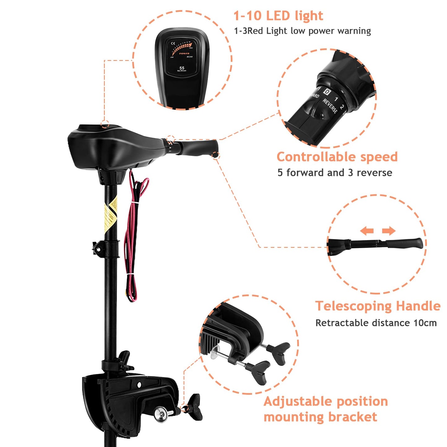 24V 86LBS Transom Mounted Outboard Motor with Telescopic Handle & LED Battery Indicator