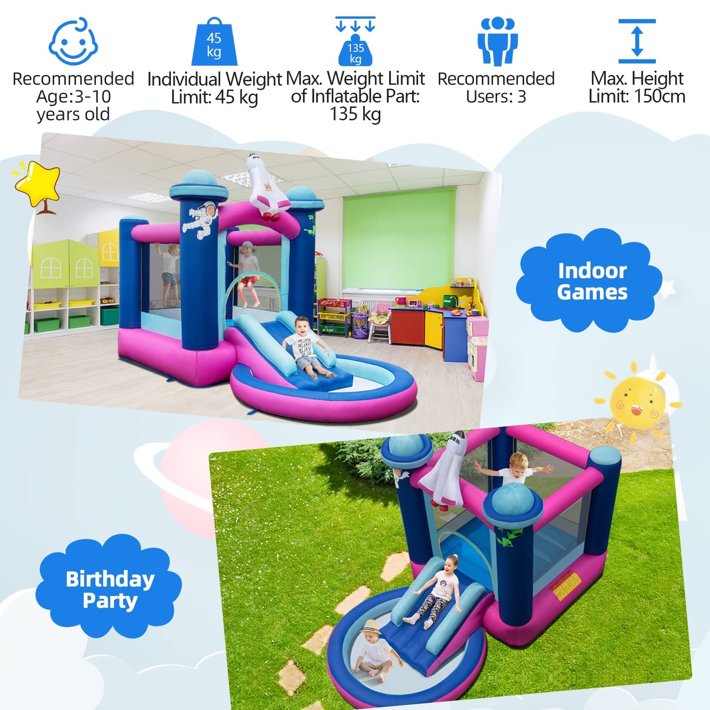 Kids Bouncy Castle with 480W Blower Splash Pool and Carrying Bag