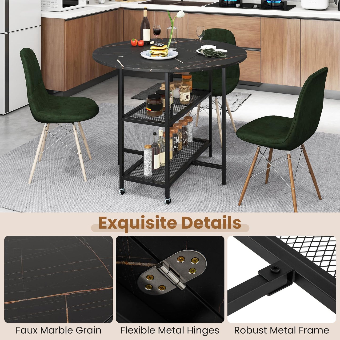 Round Drop Leaf Table with 2 Mesh Shelves & 2 Lockable Wheels