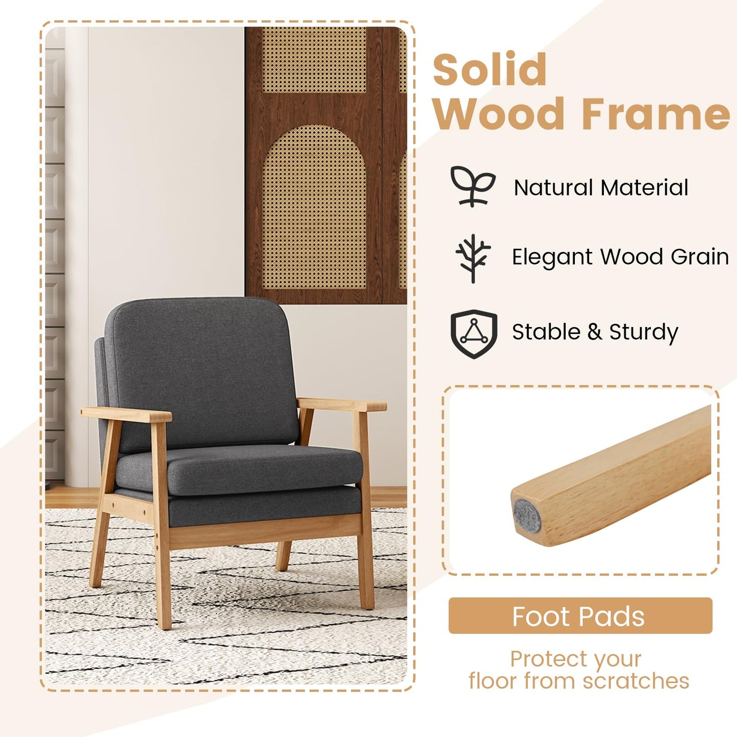 Mid-Century Accent Chair with Solid Wood Frame