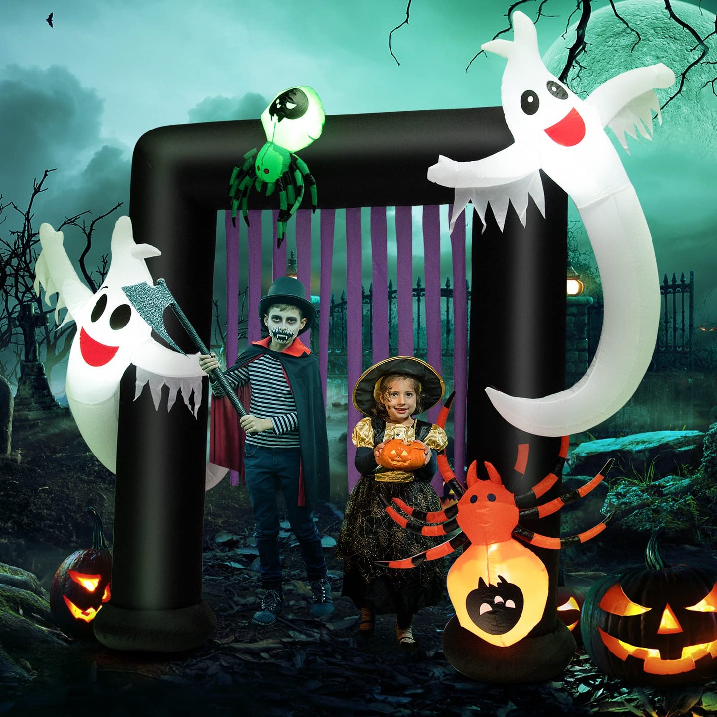 8 Feet Halloween Inflatable Archway with 2 Haunted Ghosts and Spiders