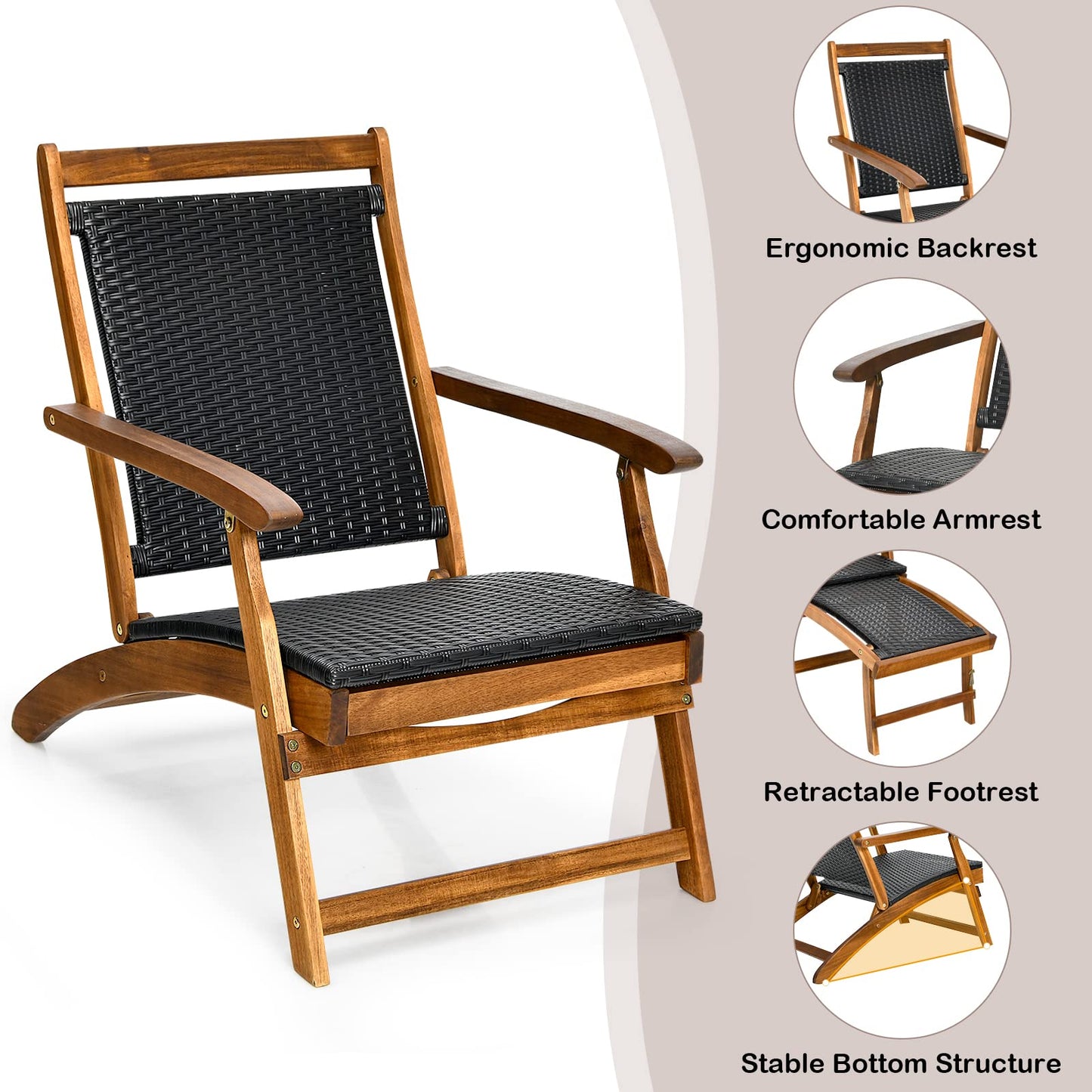 Acacia Wood Rattan Deck Chair with Retractable Footrest