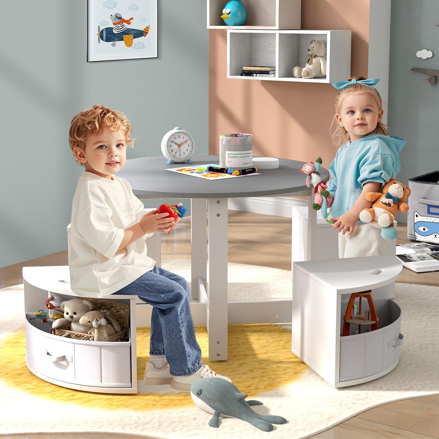 5 Piece Kids Table and Chair Set Round for 4 with 4 Fabric Drawers
