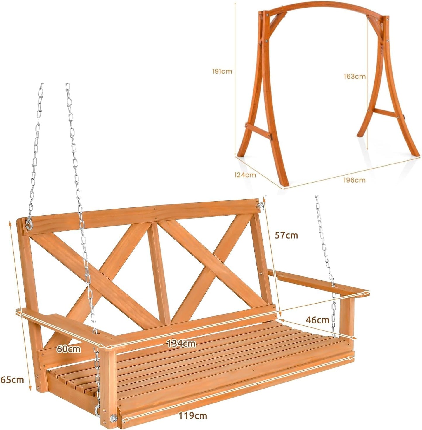 Solid Wood Patio Swing Bench Loveseat Chair with Stand Frame