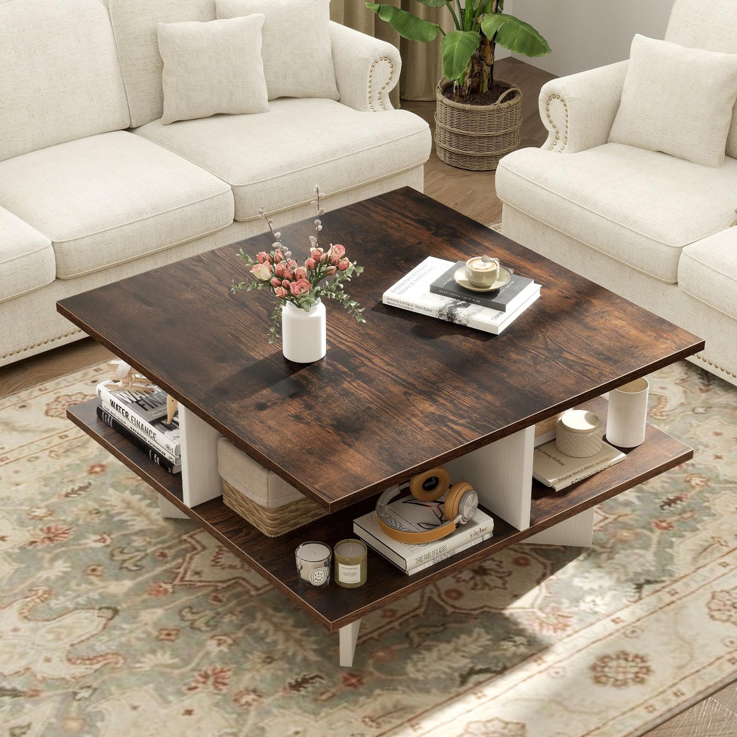 2-Tier Industrial Wooden Square Coffee Table with 4 Storage Shelves