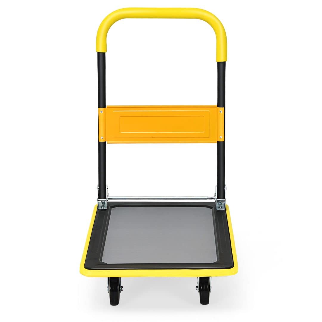 GiantexUK Folding Hand Sack Truck, 150KG Capacity Heavy Duty Platform Trolley with Wheels & Handle(73x49x83cm, 150KG, Yellow+Black)