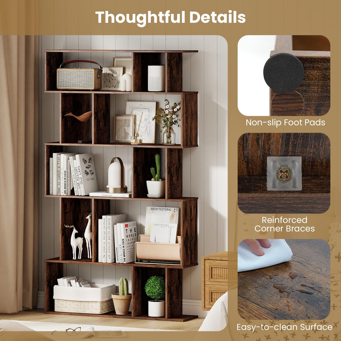 S-Shaped Wooden Bookcase, 5/6 Tiers Freestanding Storage Shelf
