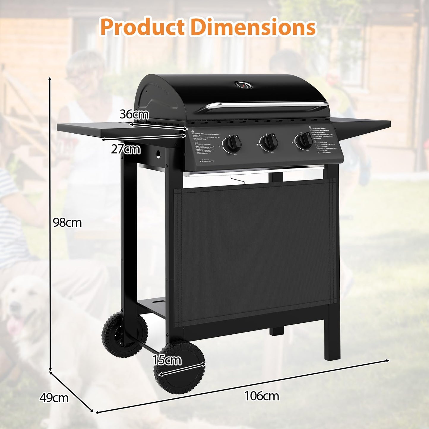 3-Burner Propane Gas Grill 24,000 BTU Portable with Lid and Side Tables