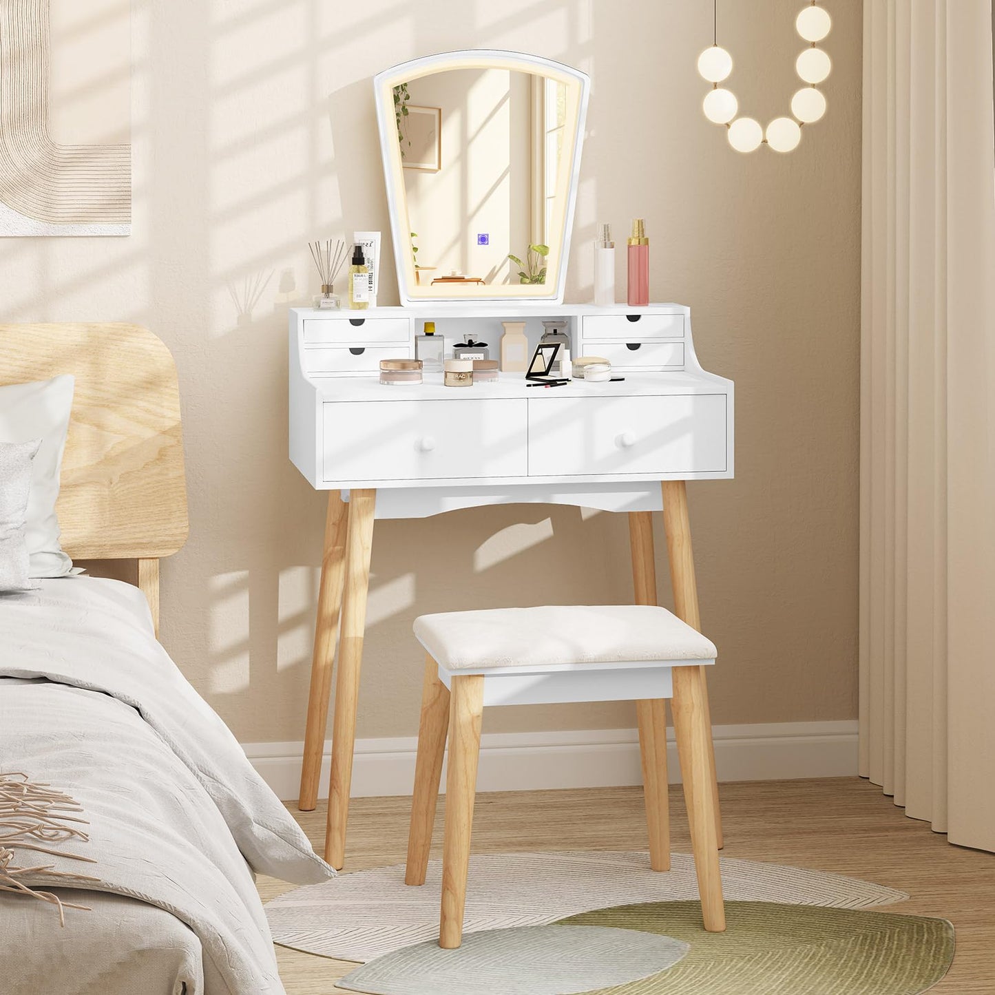 Dressing Table and Chair Set with 3 Lighting Modes and Natural Pine Wood Legs