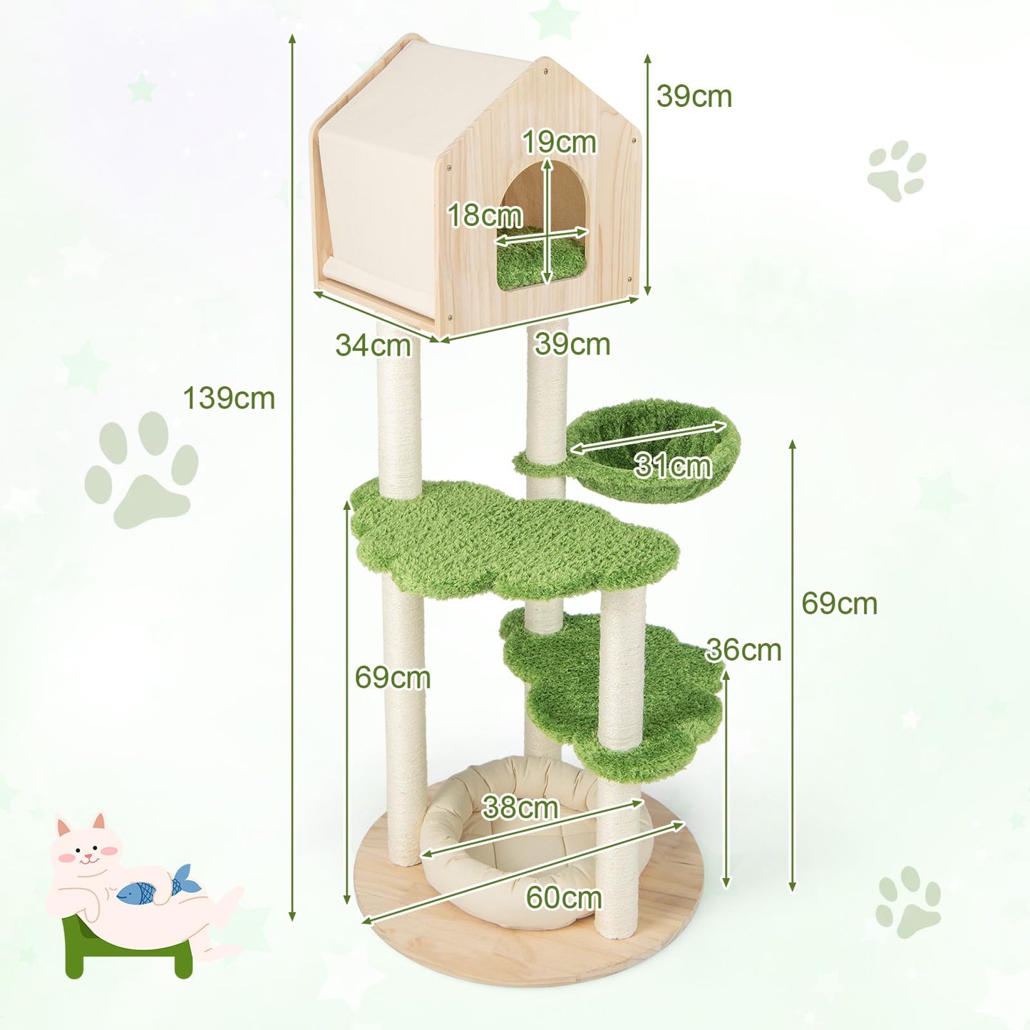 Wooden Cat Tree with Sisal Scratching Posts