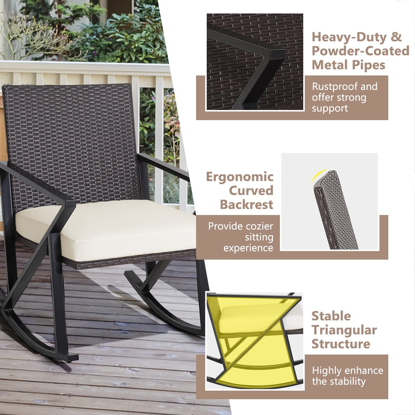3 Pieces Garden Rocking Chairs and Table Set with Cushions