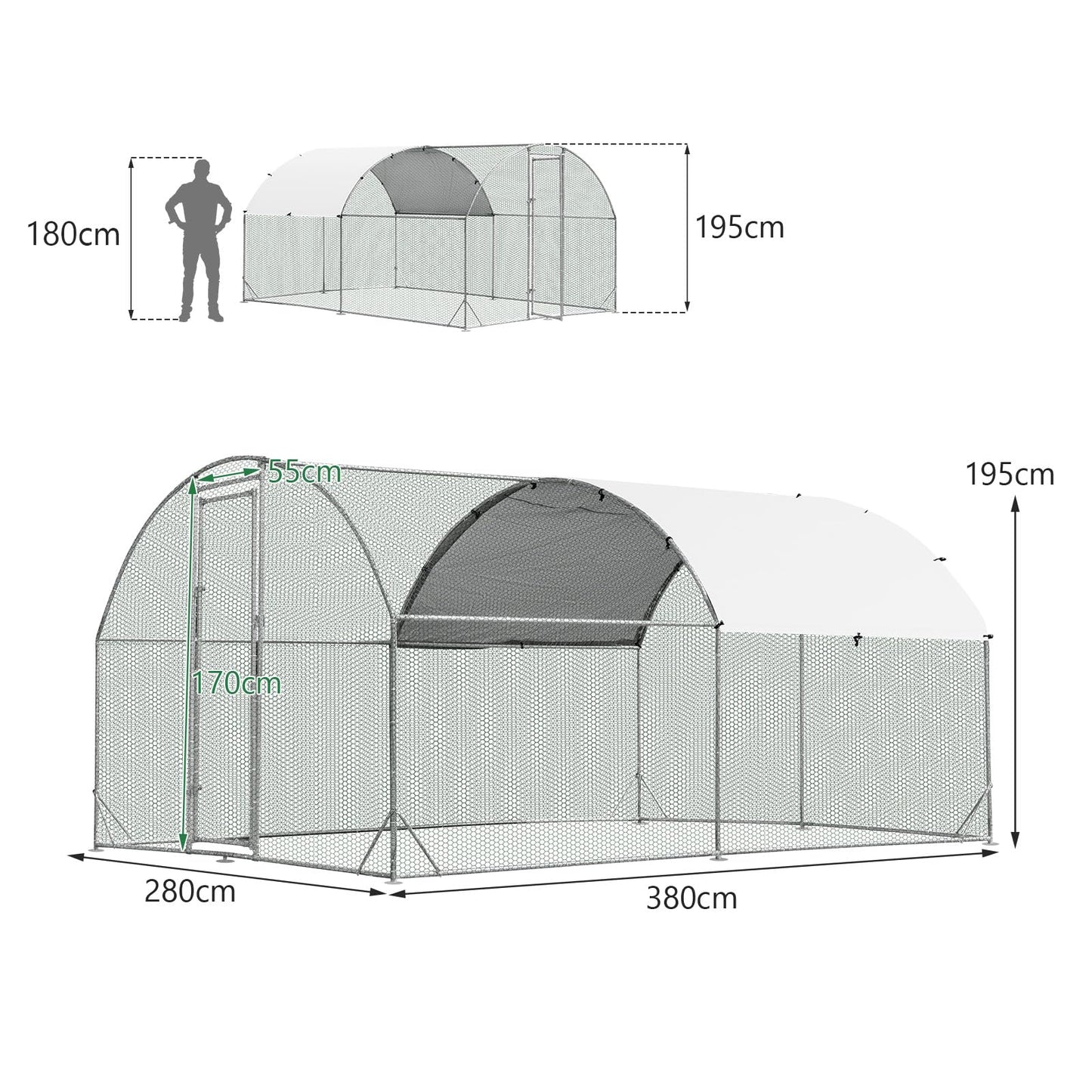 3.8 x 2.8 x 2m Galvanized Chicken Coop Hen House with Waterproof & Sun-protective Cover