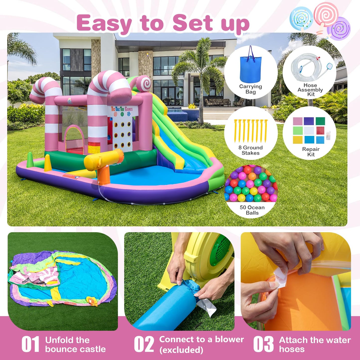 Kids Inflatable Water Park with Slide Blow up Bouncy Castle House for Summer Outdoor Play