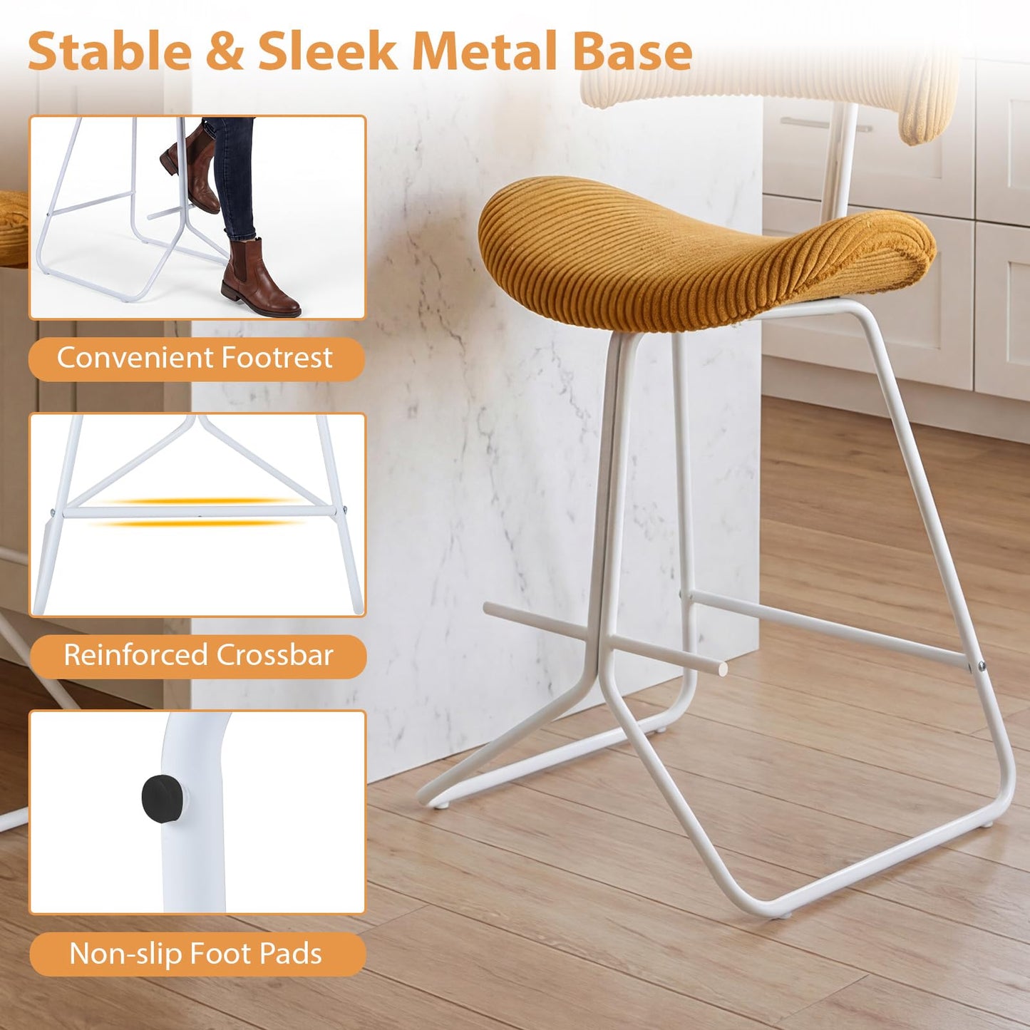 Bar Stools Set of 2, Fabric/PU Leather Upholstered Bar Chairs with Curved Back