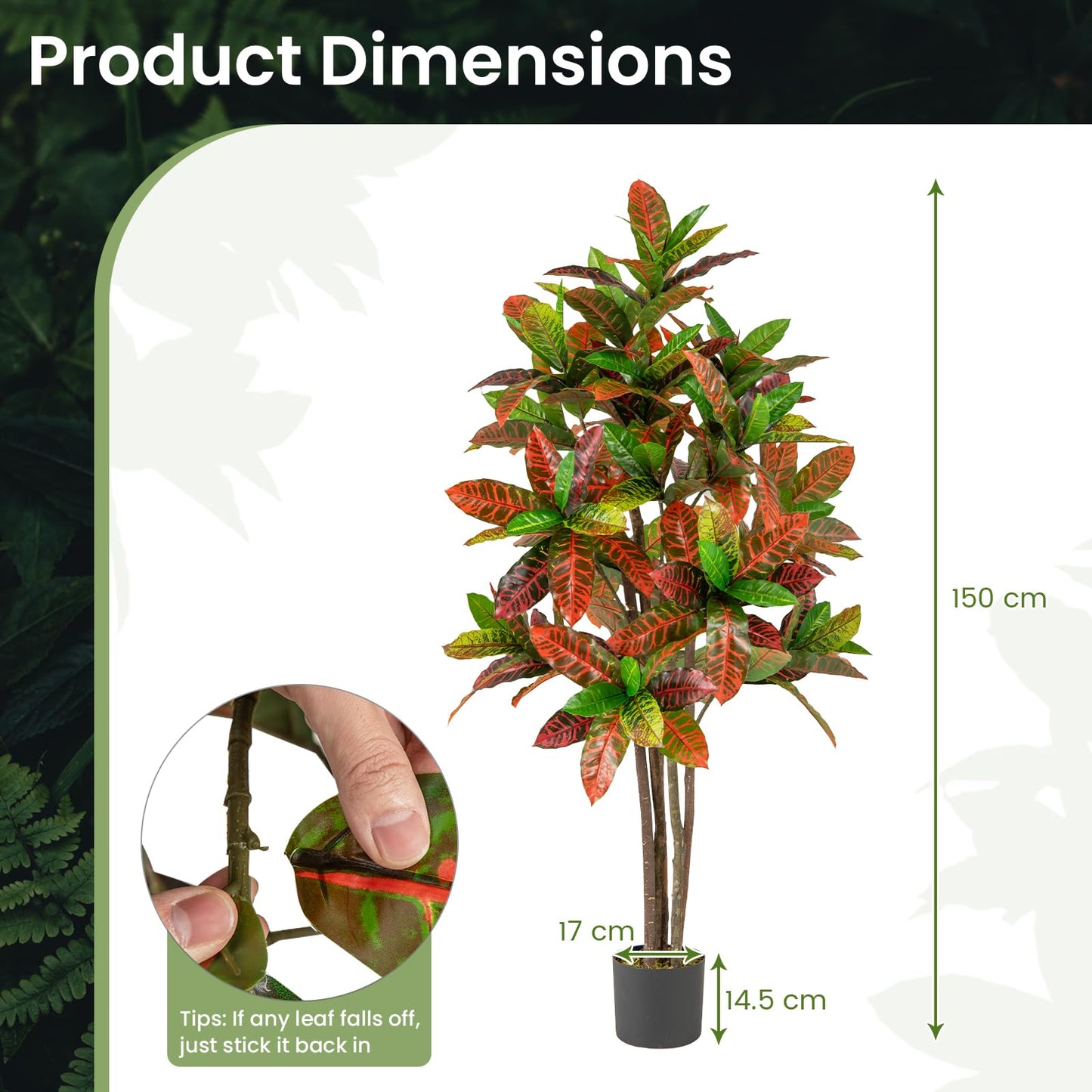 150cm Artificial Croton Plant with Multi colored PEVA Leaves and Solid Wood Trunk
