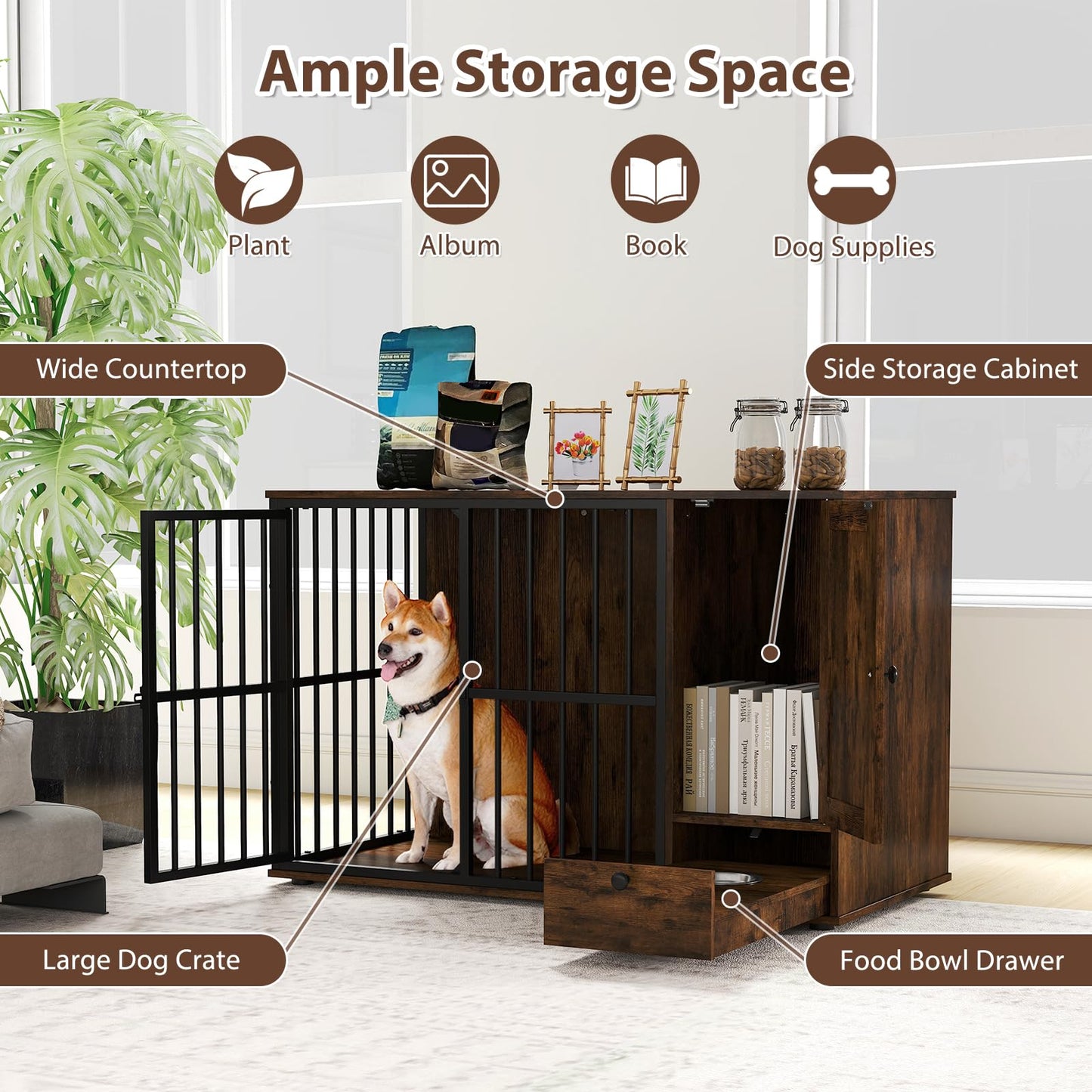 120CM Dog Crate Furniture with Hidden Pull-out Bowls in Drawer Rating: