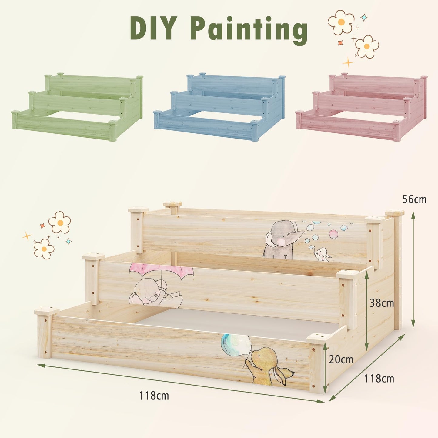 3-tier Fir Wood Raised Garden Bed with Open-ended Base