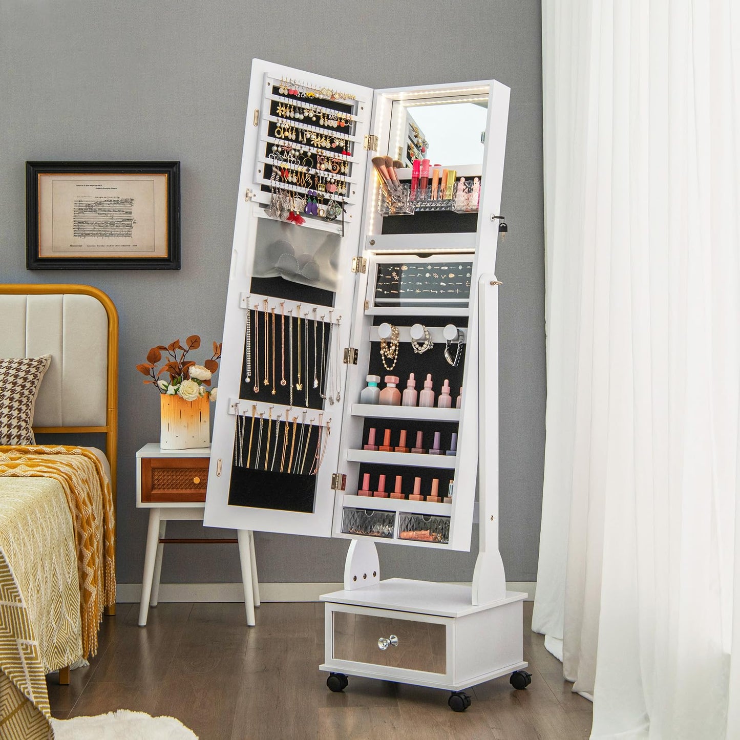 Standing Jewelry Armoire with Full-Length Mirror LED Lights and Drawers