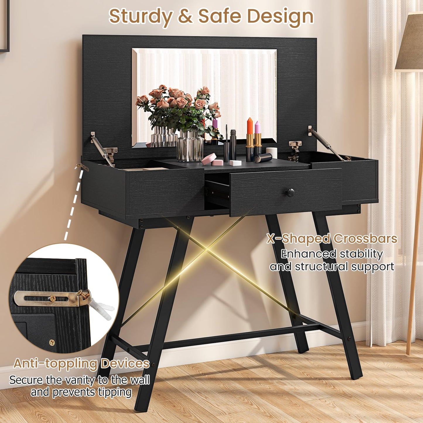 2-in-1 Vanity Desk with Mirror and Charging Station