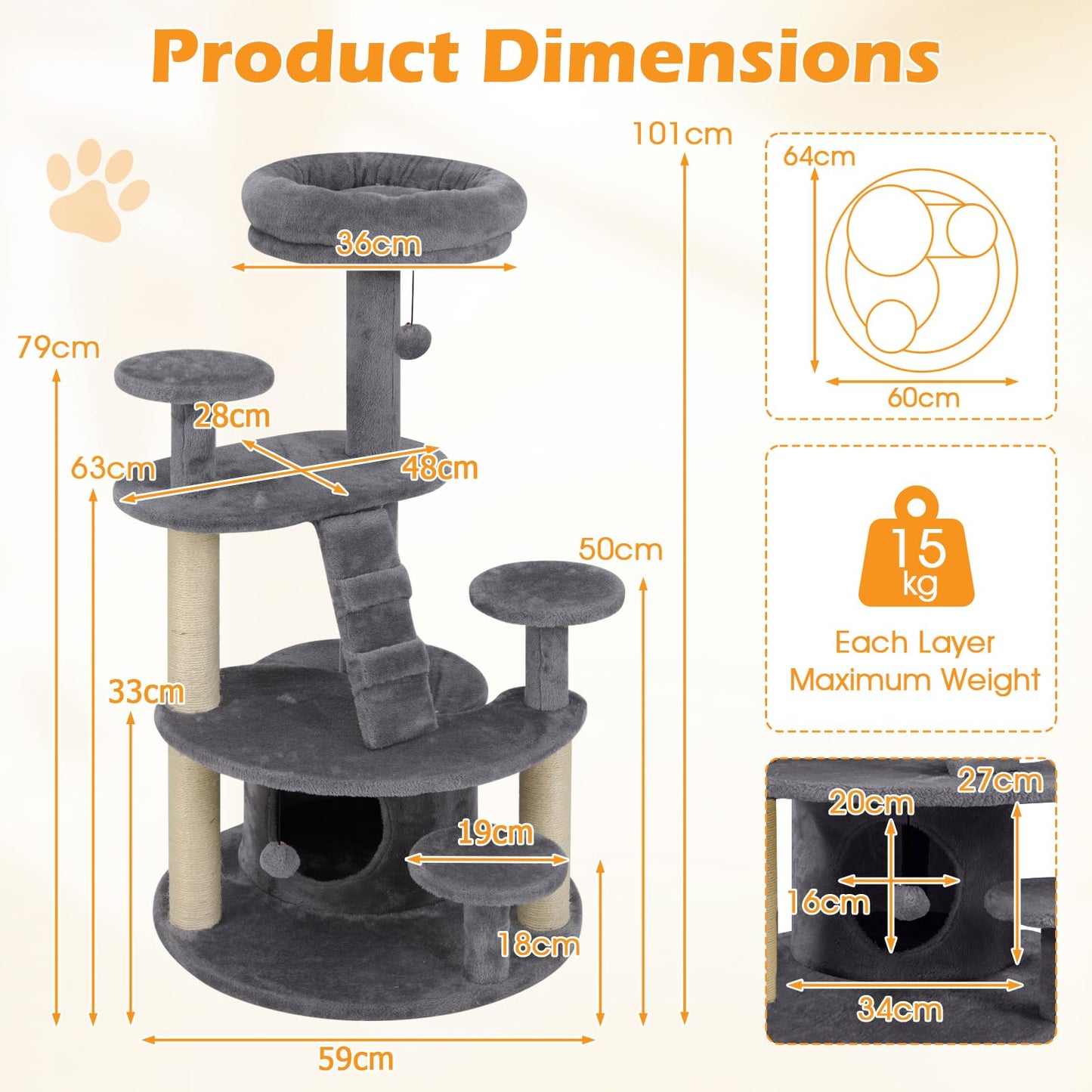 Multilevel Cat Climbing Tower with Condo Sisal Scratching Posts