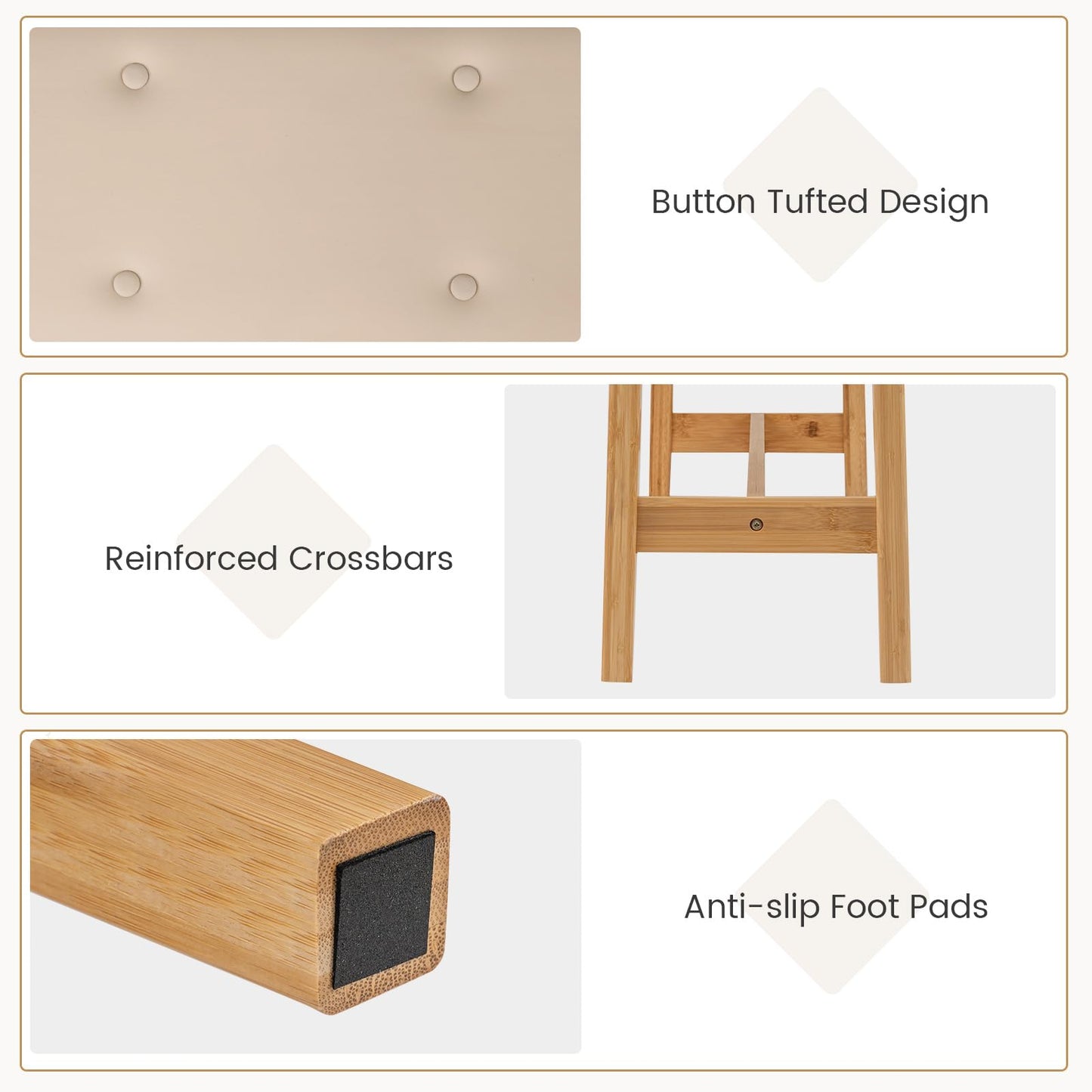 100cm Bamboo End of Bed Bench, Button-Tufted Upholstered Ottoman Shoe Bench