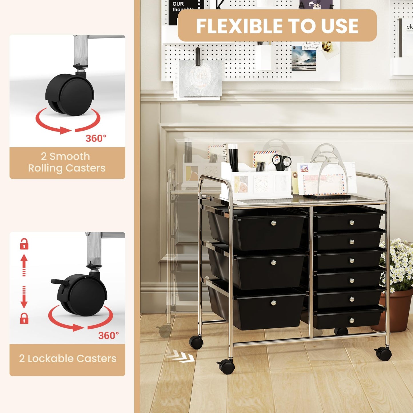 Metal Frame Utility Storage Organizer Cart with 4 Wheels