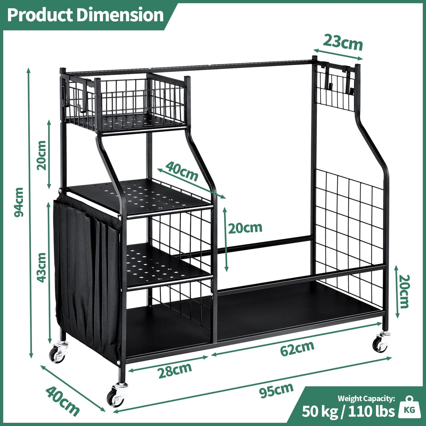 Double Golf Bag Storage Rack for Garage with Lockable Universal Wheels