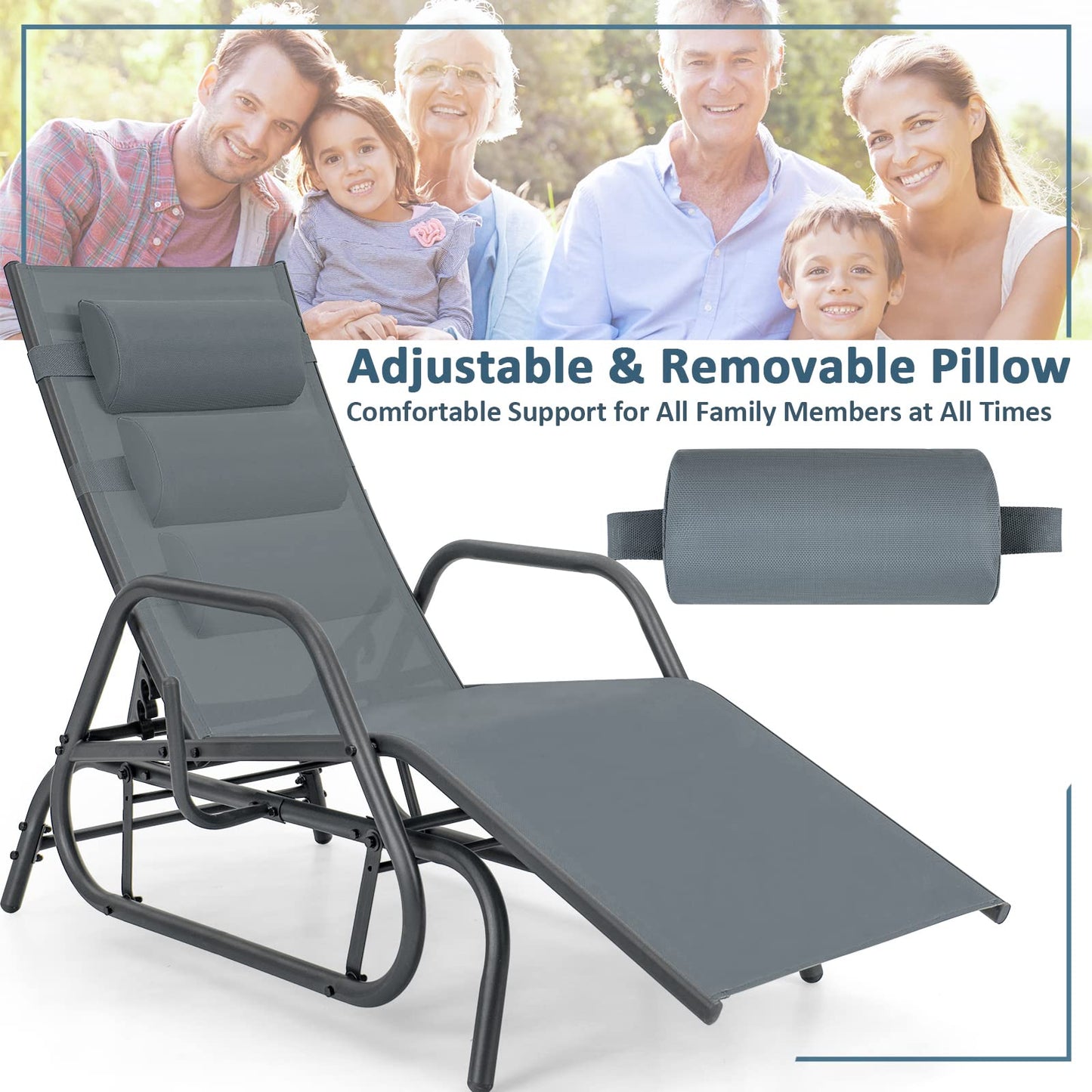 3 Positions Adjustable Patio Glider Chaise Lounge Sunbed with Armrests & Pillow