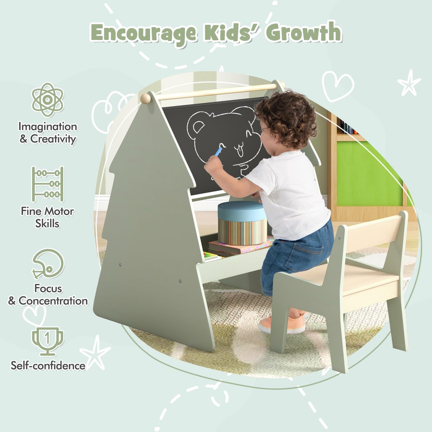 2 in 1 Double sided Kids Art Easel with Stool and Paper Roll Holder