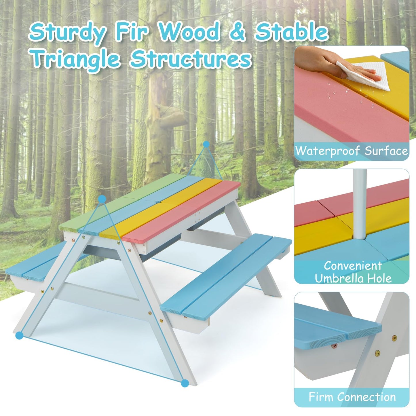 3 in 1 Wooden Sand & Water Play Table and Bench Set