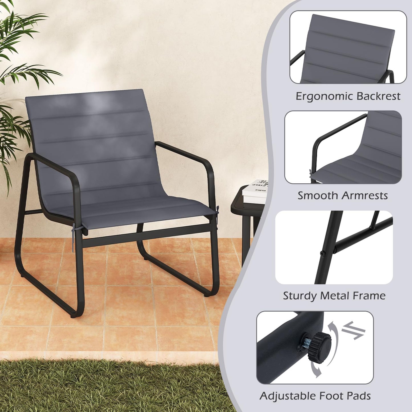 3 Piece Patio Bistro Set with Removable Cushions and Tempered Glass Tabletop