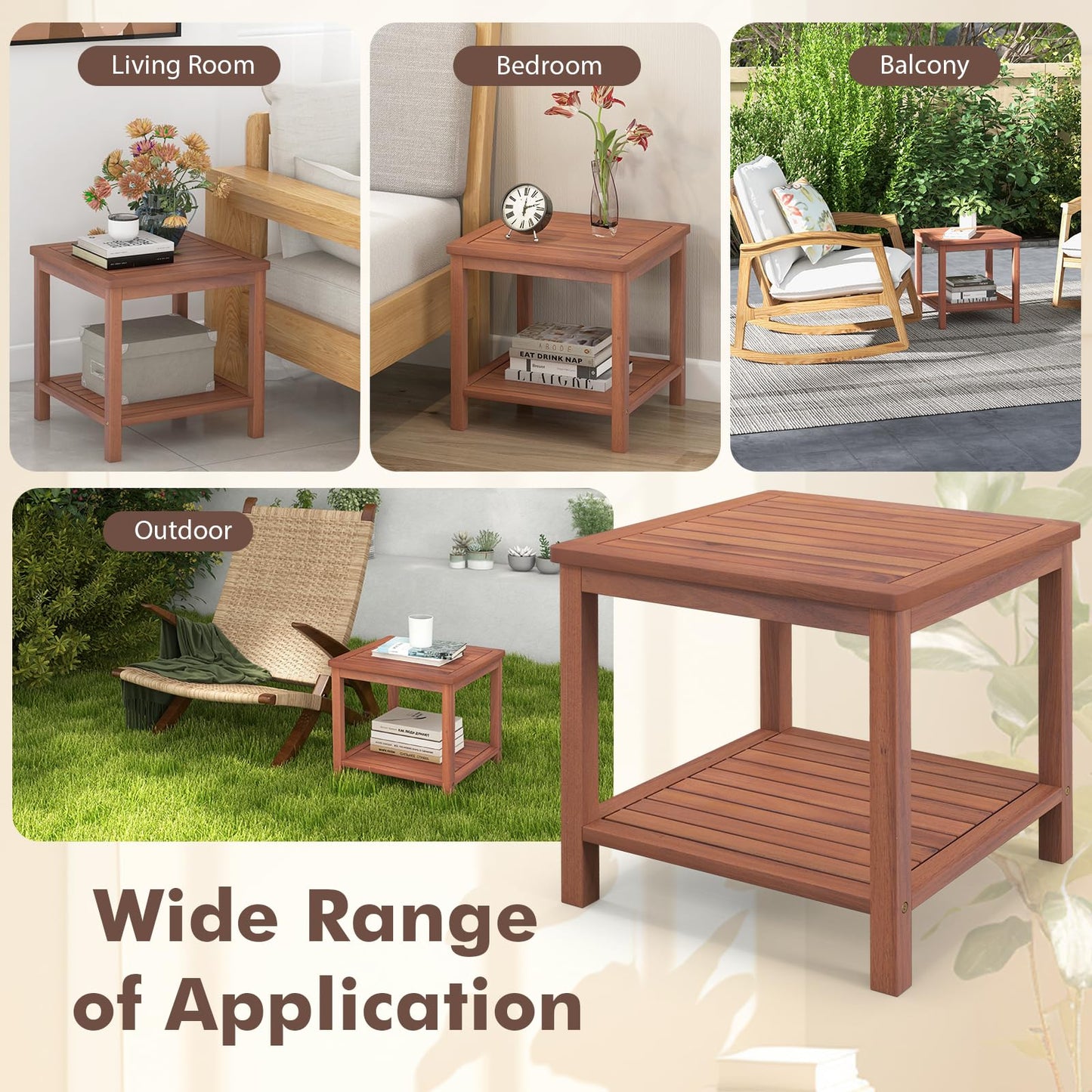 Solid Acacia Wood Outdoor Coffee Table with 2-Tier Storage Shelves