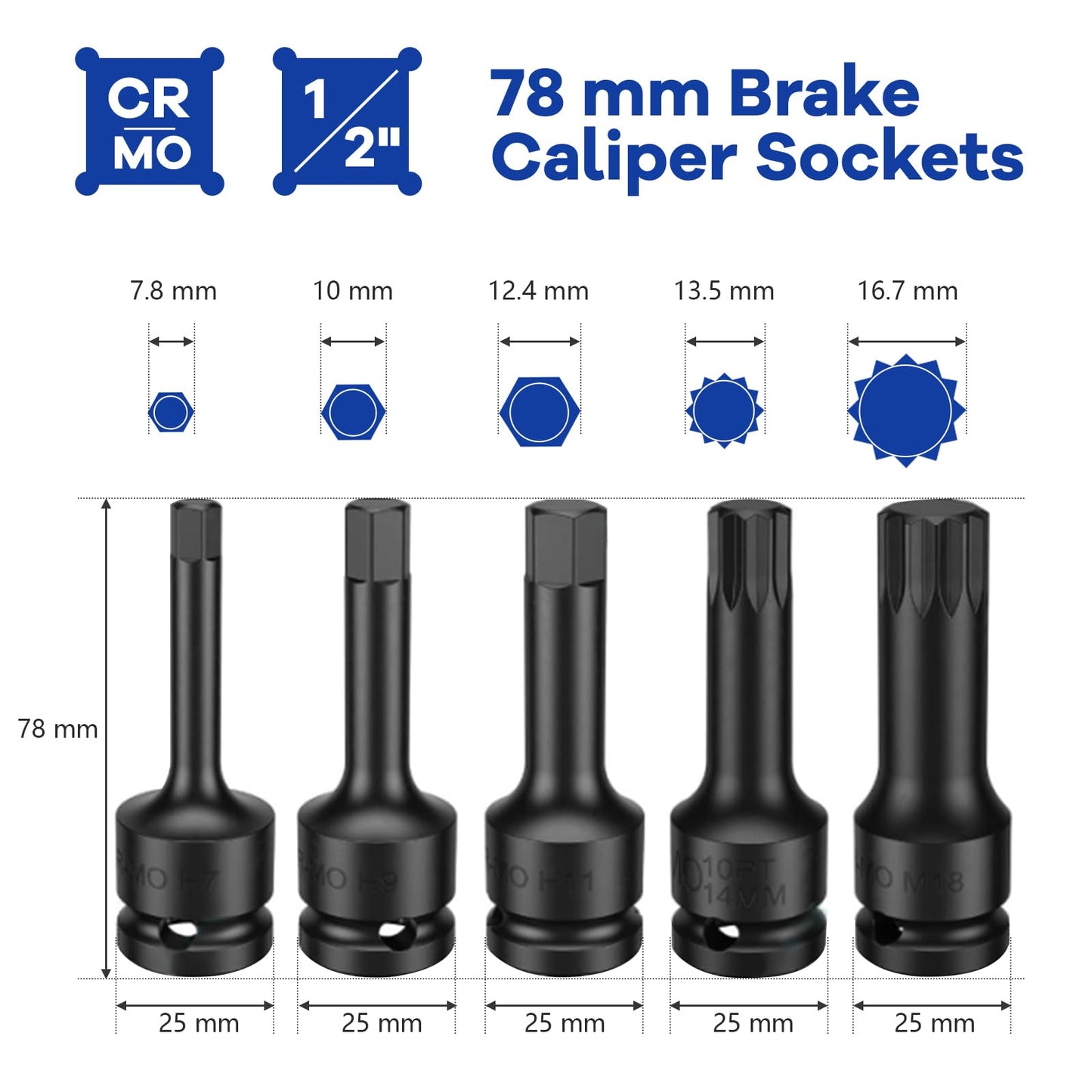 16pcs Impact Brake Caliper Socket Set with Engines and Hubs of Most Car Brands
