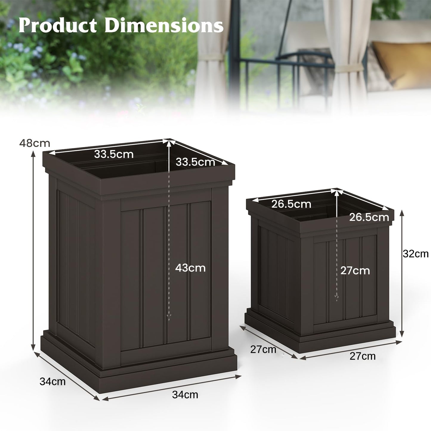 Giantex Square Plastic Planters Set of 2 48cm Large & 32cm Small Flower Pots with Drainage Holes