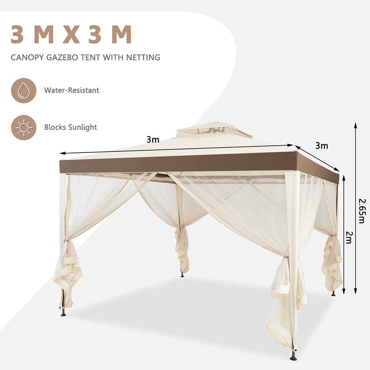 3m x 3m Outdoor Gazebo with Zipped Mesh Side Walls