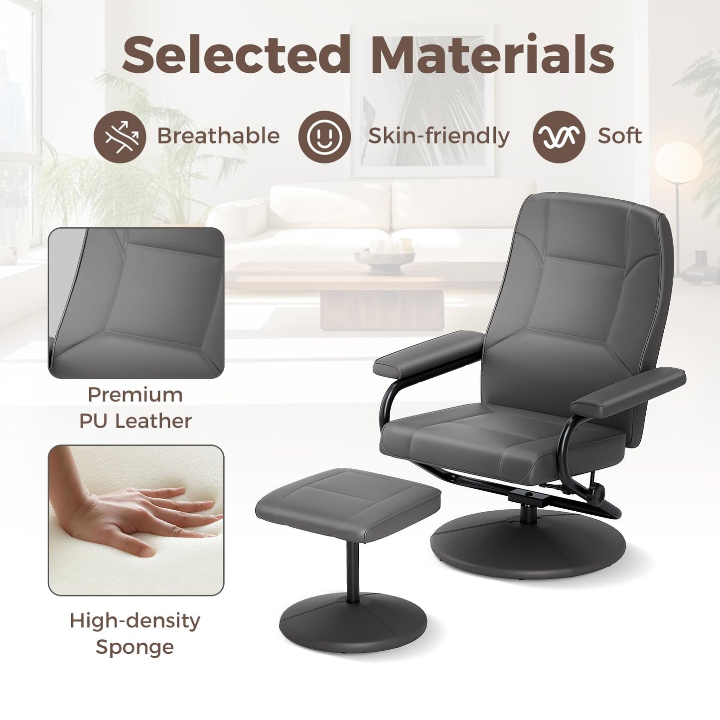 360° Swivel Reclining Chair with Ottoman and Adjustable Backrest