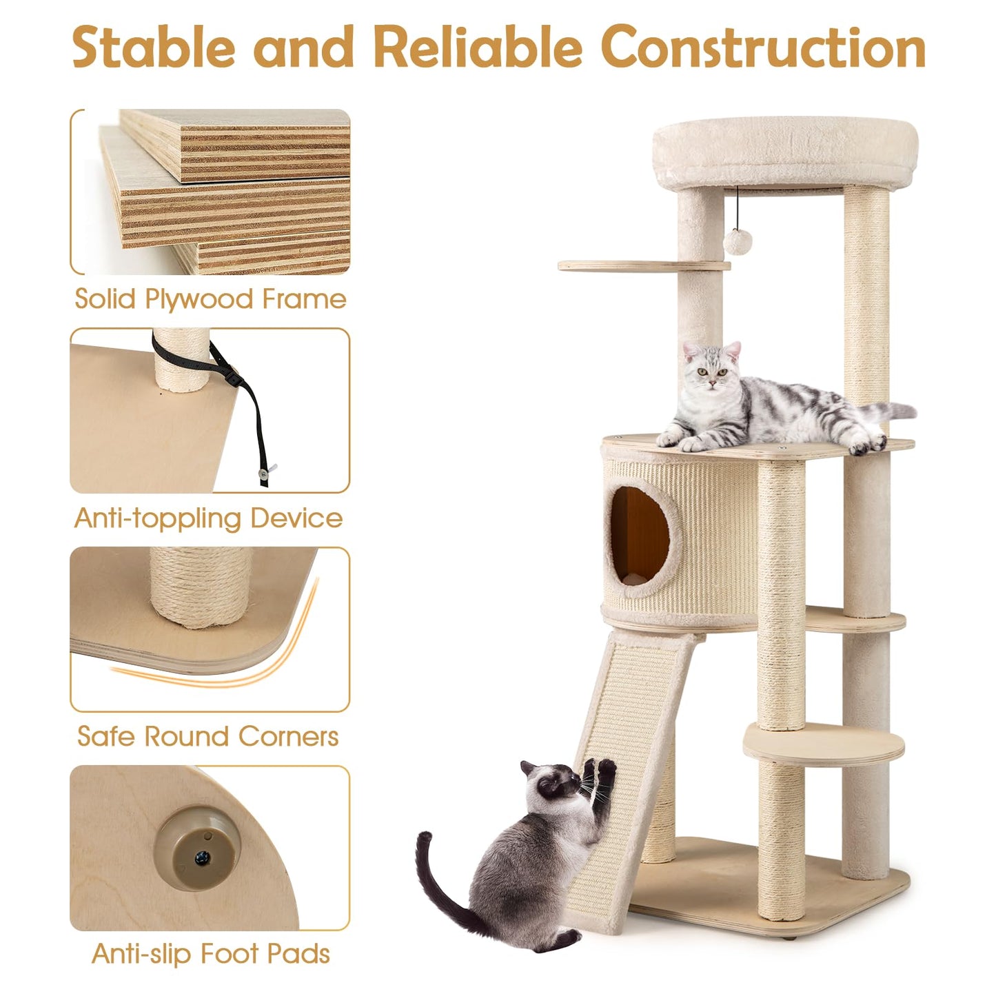 Extra Large Wooden Cat Tree with Cat Condo and Washable Cushions