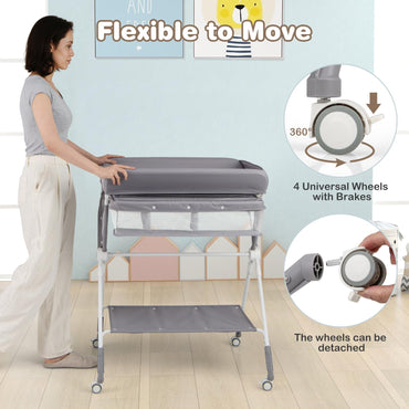 Baby Changing Table Foldable Infant Care Station with Wheels & Trash Can
