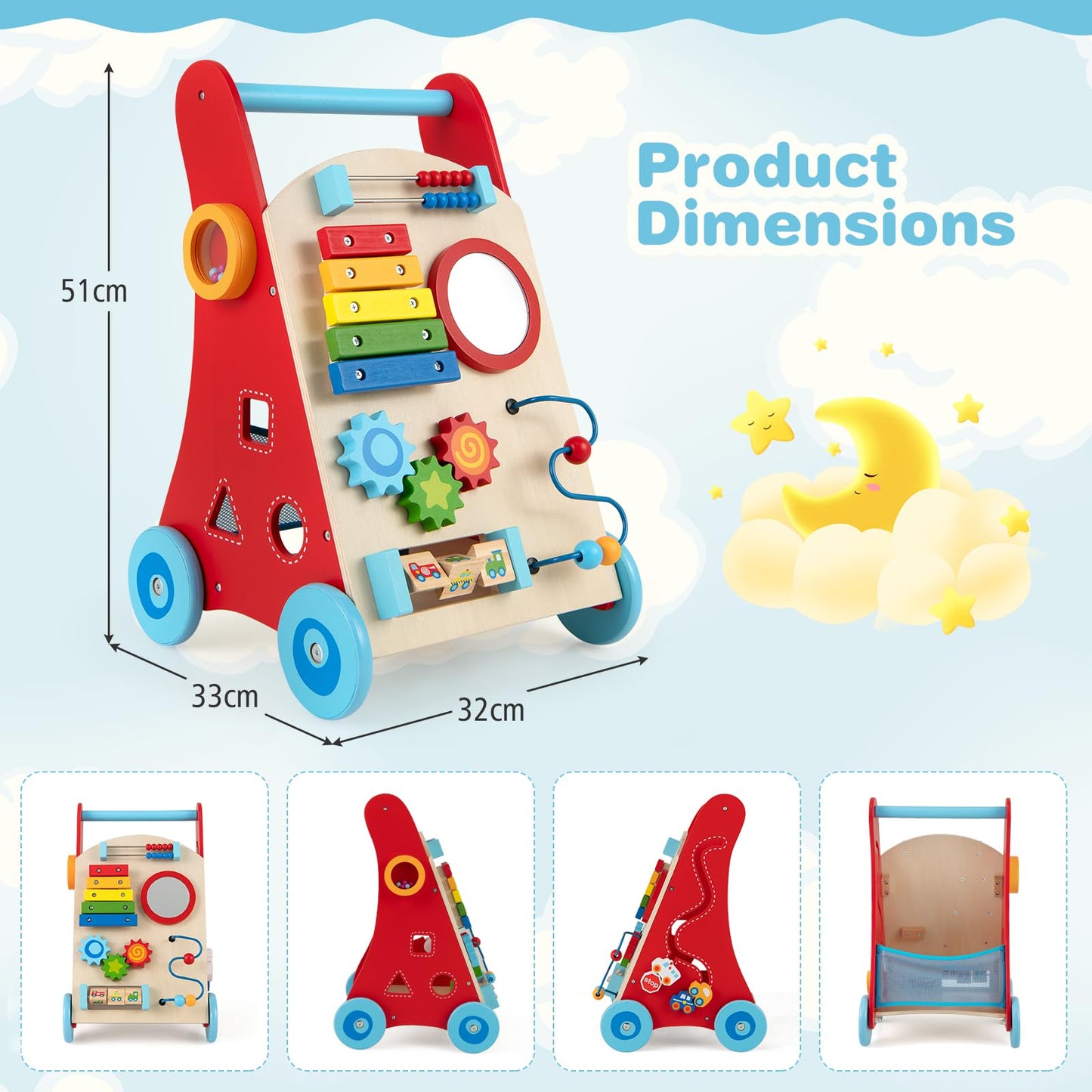 Wooden Baby Walker Learning Activity Walker with Mirror and Wheels