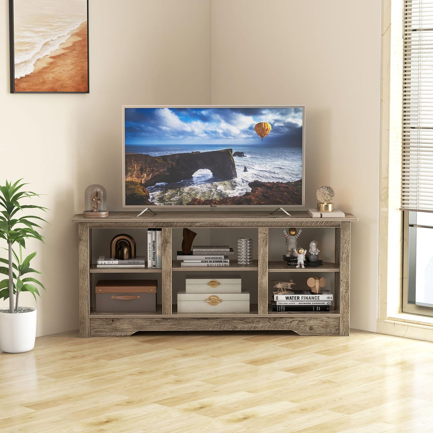 147cm TV Stand for TVs up to 65 Inches with 6 Open Storage Shelves